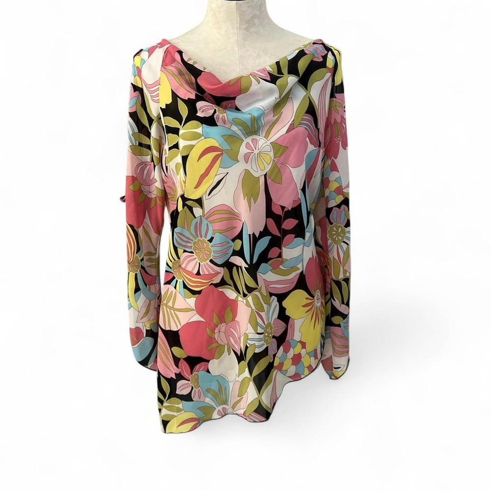 Vintage Y2K E.K. Designs Floral Print Cowl Neck Asymmetrical Blouse - Size L